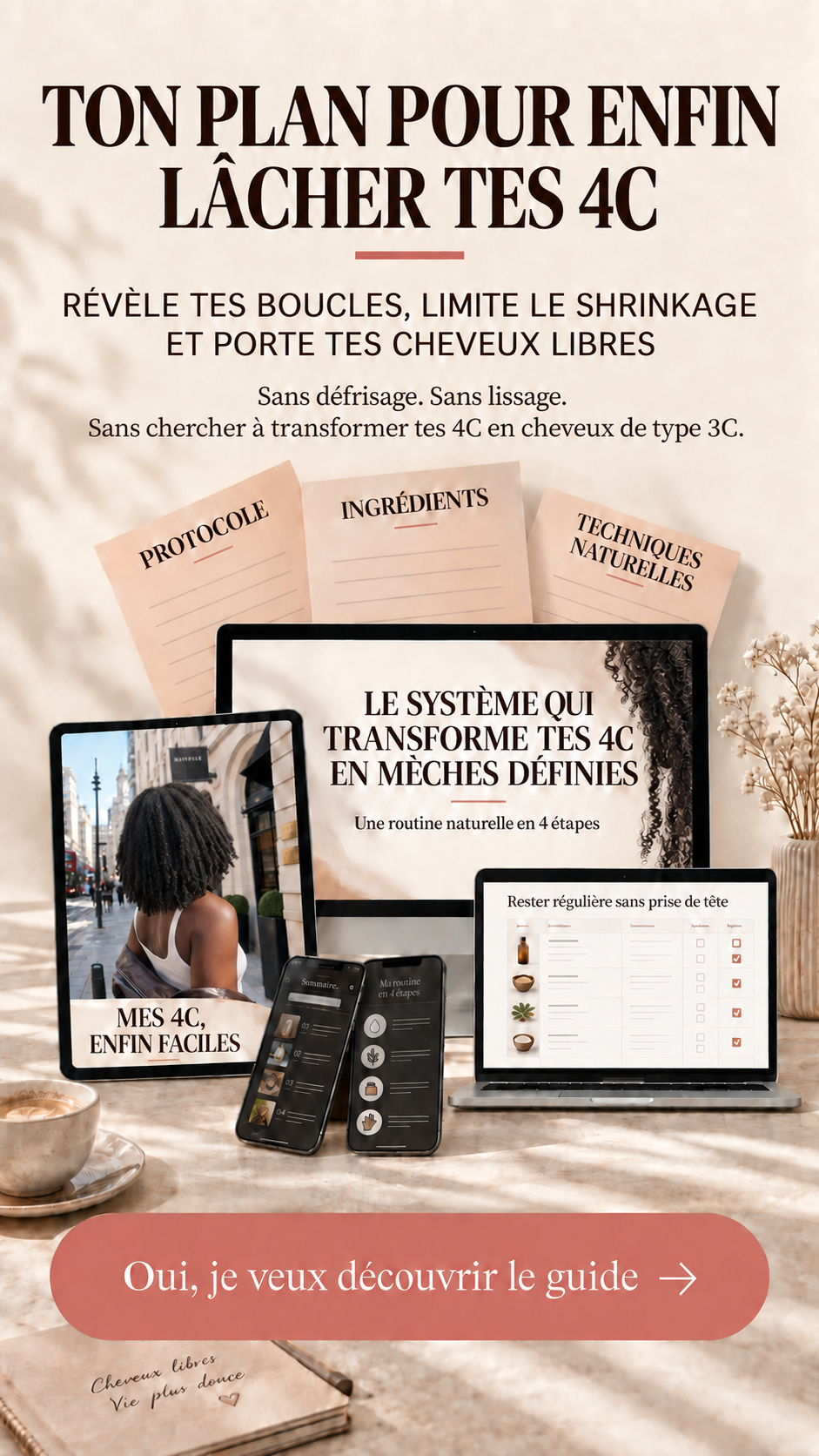 Présentation du guide MES 4C, ENFIN FACILES sur tablette, ordinateur et téléphone, avec son protocole, ses ingrédients et ses techniques naturelles
